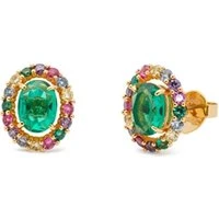 Gold Green + Multicolour Horizontal Oval Halo Studs - Gold