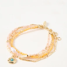 Gold Leanne Multi Row Glass Bead & Stone Layered Pendant Bracelet