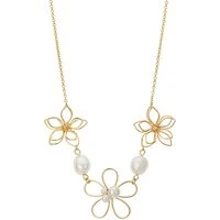 Gold Open Work Pearl Flower Necklace - Gold