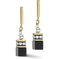 Gold Pearl and Onyx GeoCube Drop Earrings - Silver