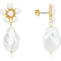 Gold Pearl Flower Drop Earrings - Gold