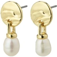 Gold Plated Heat Hammered Disc Pearl Earrings - Gold