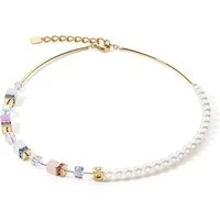 Gold Tone Pearl and Pastels Cubed Necklace - Gold