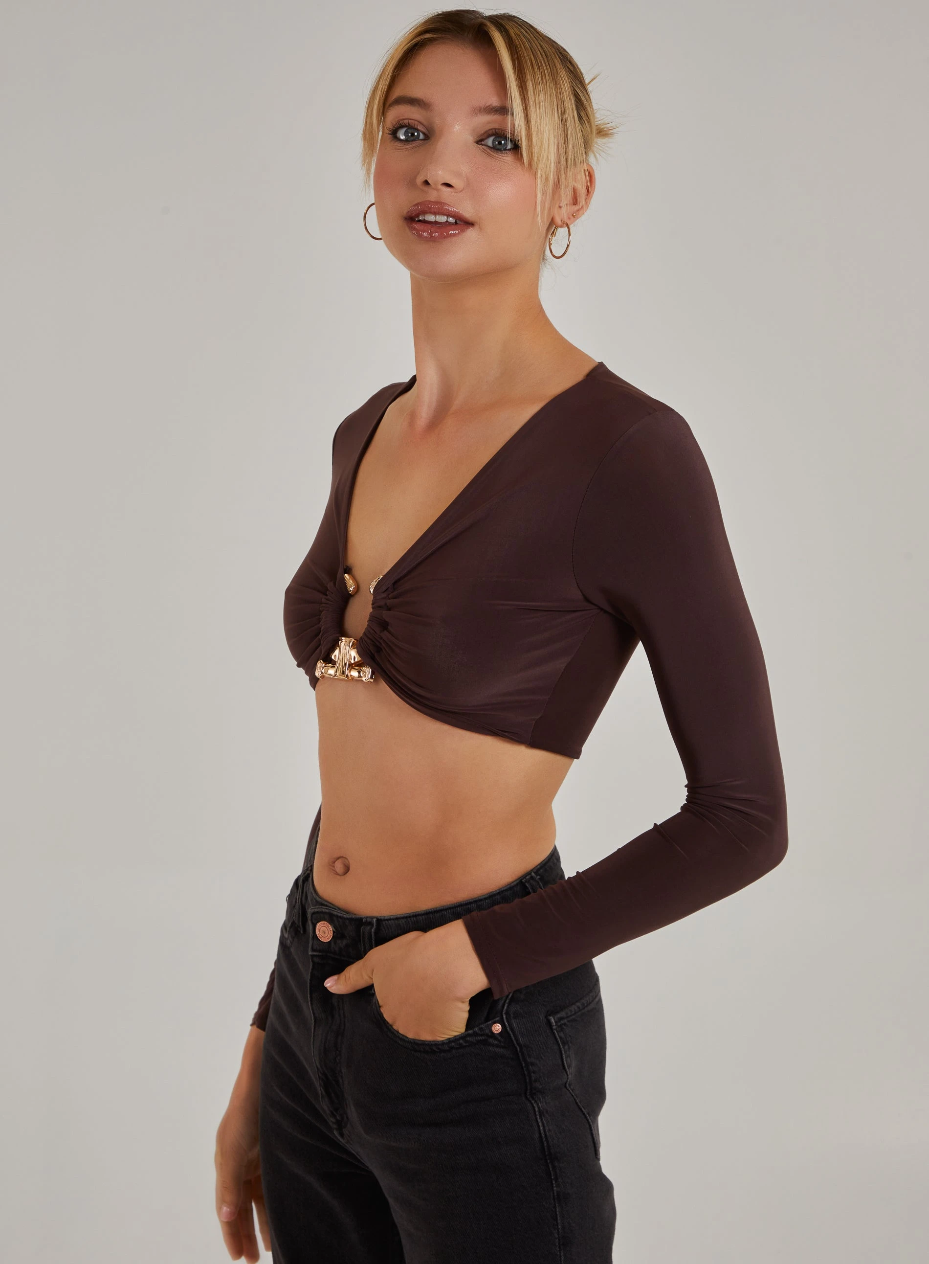 Gold Trim Slinky Long Sleeve Top Chocolate