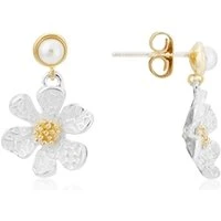 Gold Two-Tone Flower Pendant Earrings - Silver