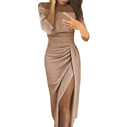 Gold Velour Evening Dresses for Women UK Sexy Ladies Solid Elegant Glitter High Slit Tunics Maxi Dresses Work Occasion Party Prom Formal Gowns Velvet Bodice Pencil Slim Wrap Dress Party Evening Dress