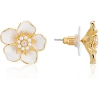 Gold & White Flower Stud Earrings - Gold