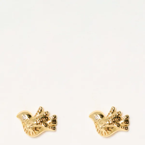 Gold Wren Flying Bird Charm Stud Earrings