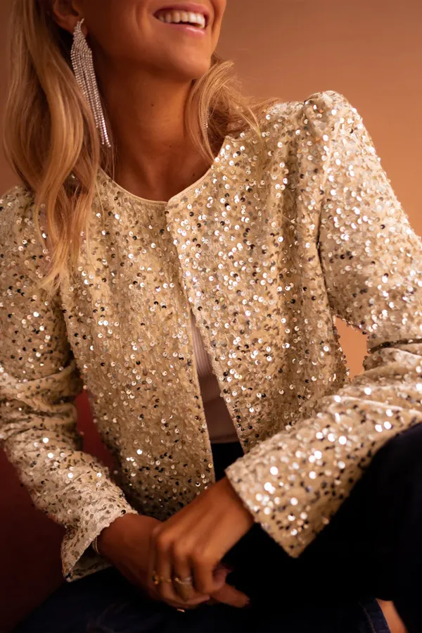 Golden Fleece Sequined Open Front Cropped Jacket - Gold /
