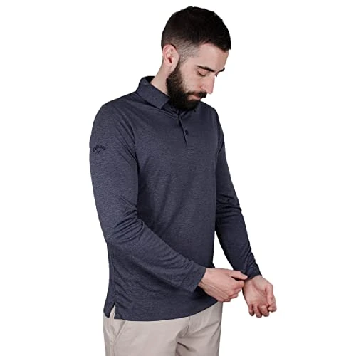 Golf Mens Long Sleeve Golf Polo Shirt - Navy Chambray Heather - M