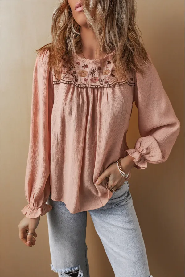 Gossamer Pink Floral Embroidered Textured Flounce Sleeve Elegant Blouse - GOSSAMER PINK / / %VISCOSE+%POLYAMIDE - GOSSAMER PINK