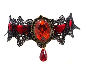Gothic Black Lace Necklace Collar Choker Halloween Vampire (Red) - Red, black