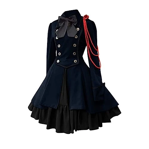 Gothic Clothing Women's Elegant Rockabilly Dress Swing A-line Party Dresses Vintage Steampunk Costume High Waist Cocktail Dress Festive Halloween Petticoat Pleated Skirt Medieval Dress, darkblue, XXXL