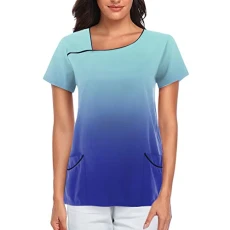 Gradient Print Womens Breathable Graphic Short Sleeve Plus Size Shirt Tee Tops with Pockets Women Blazers Work Casual Blue