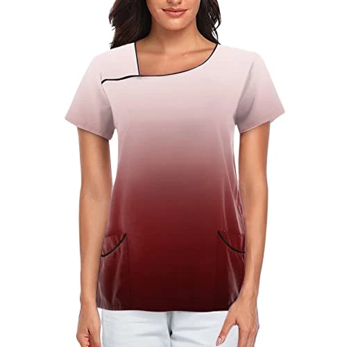 Gradient Print Womens Breathable Graphic Short Sleeve Plus Size Shirt Tee Tops with Pockets Women Blazers Work Casual Wine