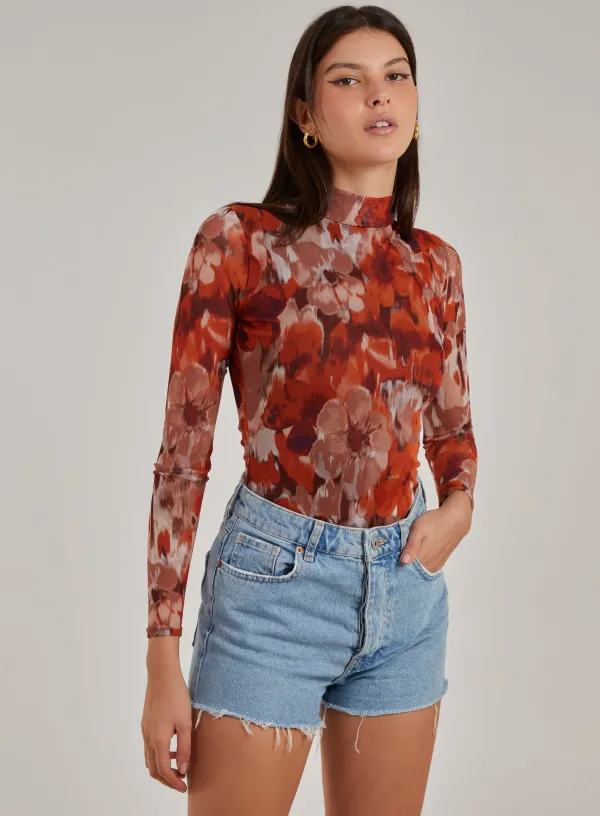 Graphic Floral High Neck Bodysuit - - Rust