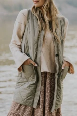 Grass Green Quilted Long Sleeveless Coat with Pockets - GRASS GREEN / / 100%POLYESTER Grass Green Quilted Long Sleeveless Coat with Pockets - GRASS GREEN / / 100%POLYESTER