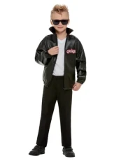 Grease Kids T-Birds Jacket in Black, Officially Licensed, Features T-Birds Badge and Grease Logo on Front, Ideal for Matching Group Fancy Dress and Playful Music-Themed Events