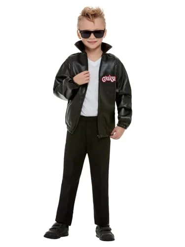 Grease Kids T-Birds Jacket in Black, Officially Licensed, Features T-Birds Badge and Grease Logo on Front, Ideal for Matching Group Fancy Dress and Playful Music-Themed Events