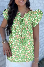 Green Abstract Leopard Tied Front Flutter Sleeve Blouse - Green / / 100%Polyester