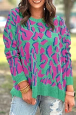Green Abstract Print Ribbed Trim Baggy Sweater - GREEN / / %VISCOSE+%POLYESTER+%POLYAMIDE