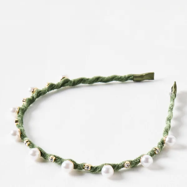 Green Blythe Velvet & Faux Pearl Wavy Headband