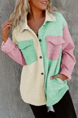 Green Color Block Patchwork Flap Pocket Quilted Shacket - GREEN / / 95%POLYESTER+%ELASTANE