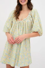 Green Floral Half Sleeve Frilled U Neck A-line Short Dress - Green / / 100%Polyester