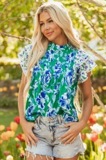 Green Floral Print Lace Trim Contrast Ruffle Sleeve Pleated Loose Blouse - Green / / 100%Polyester