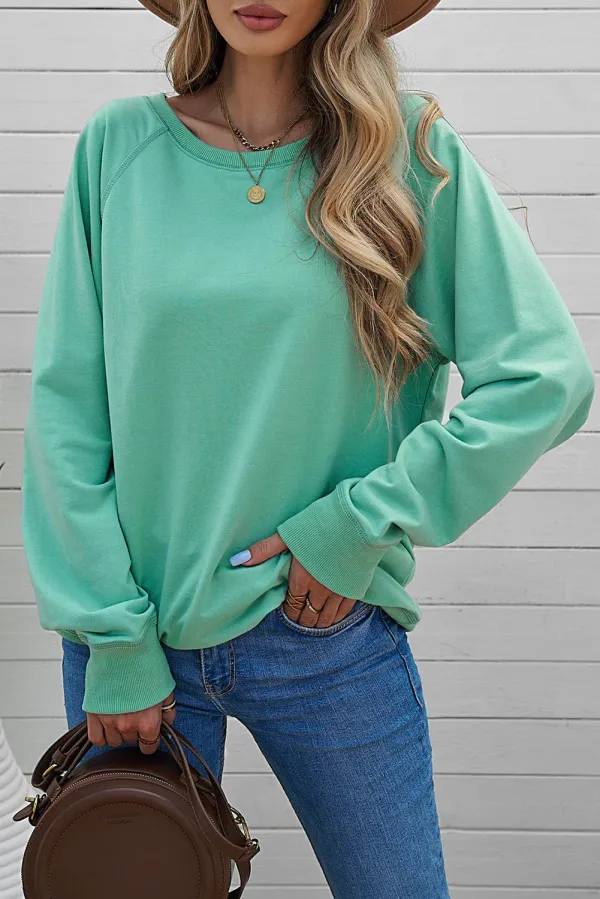 Green French Terry Cotton Blend Pullover Sweatshirt - GREEN / / 627%POLYESTER+373%COTTON - GREEN