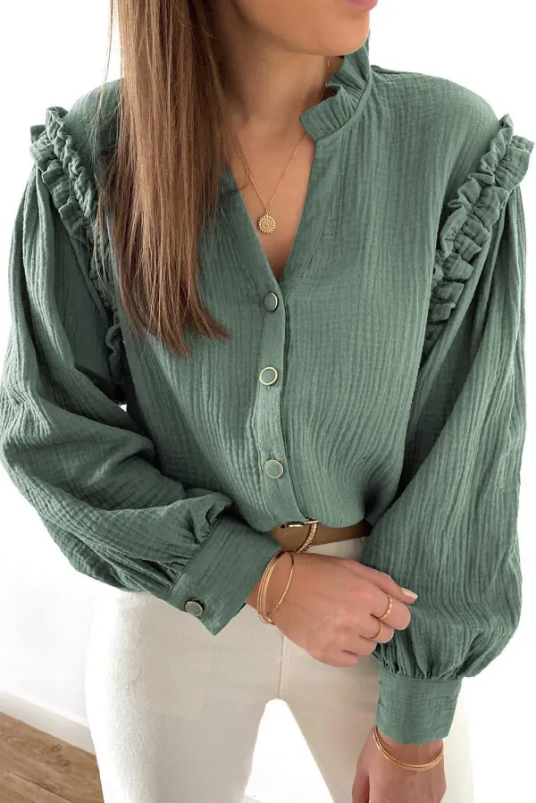 Green Frilled Split Neck Crinkled Shirt - GREEN / / 100%COTTON - GREEN