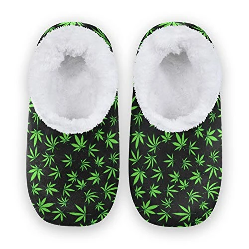 Green Hemp Leaf House Fleece Slippers Comfy Bedroom Shoes Anti-Slip for Men UK 8-9