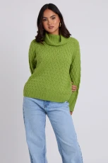 Green Honeycomb Cable Roll Neck Jumper White /