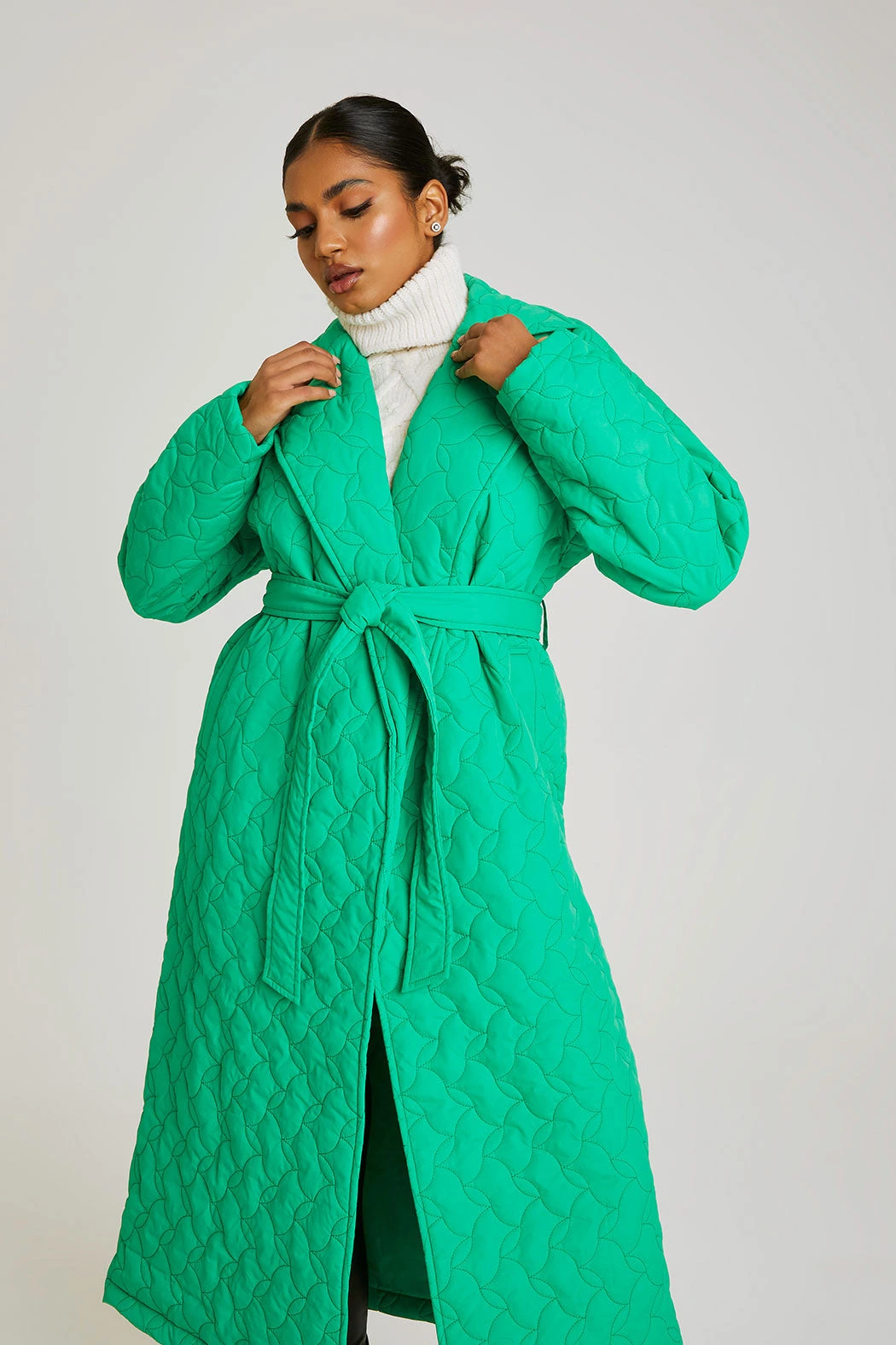 Green Longline Quilted Belted Jacket Black /
