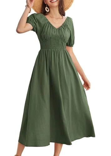 Green Maxi Dress for Ladies Summer Short Puff Sleeve V Neck Ruched Wedding Guest Victori