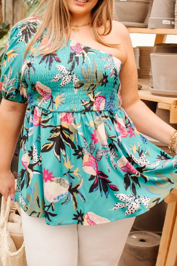 Green Plus Size Floral Smocked Bodice Single Puff Short Sleeve Babydoll Blouse - Green / 2X / 100%Polyester