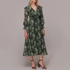 Green Printed Pleated Midi Dress