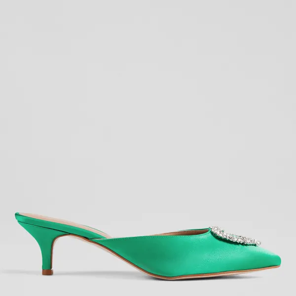 Green Satin Estella Heeled Mule - Green