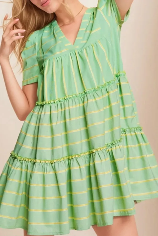 Green Stripe V-Neck Short Sleeve Frilled Detail A-line Dress - Green Stripe / / 100%Polyester - Green Stripe
