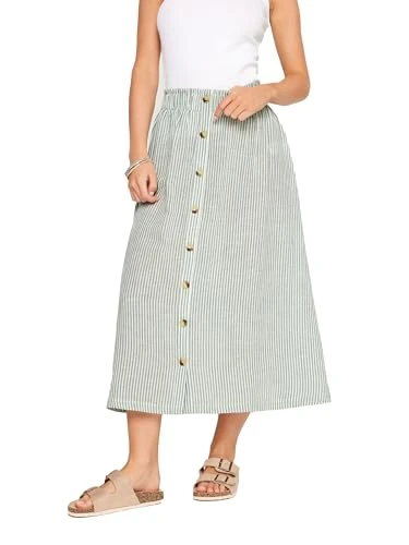 Green Striped Linen Button Front Midi Skirt Petite