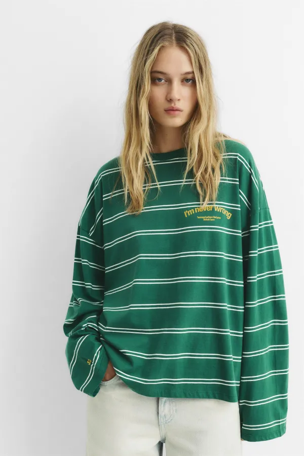 Green Striped Text T-Shirt - Bottle