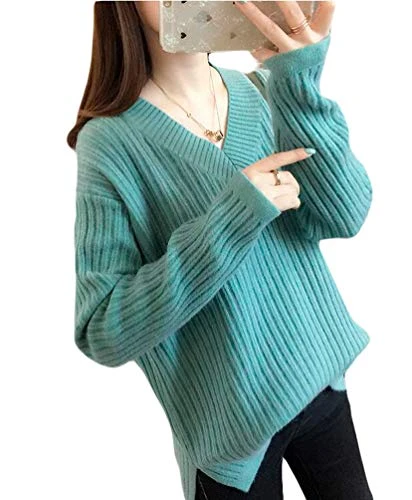 Green V-Neck Pullover Sweaters for Women Long Sleeves Knit Tops Casual Slouchy One Size Sweater Green