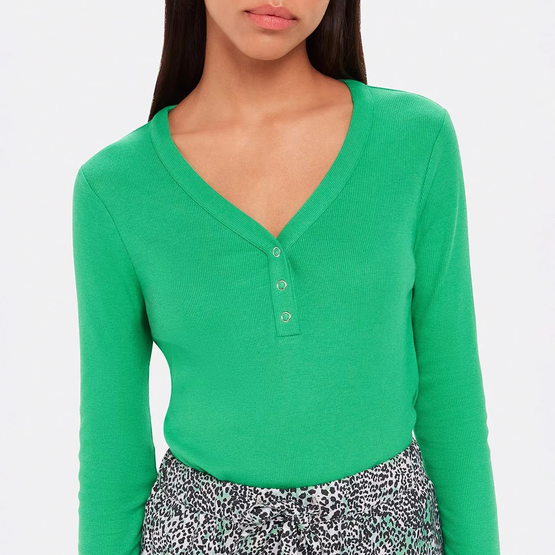 Green V-Neck Rib Pyjama Top