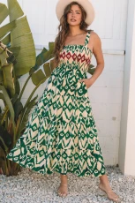 Green Western Aztec Shirred A-line Sleeveless Maxi Dress - Green / / 100%Polyester