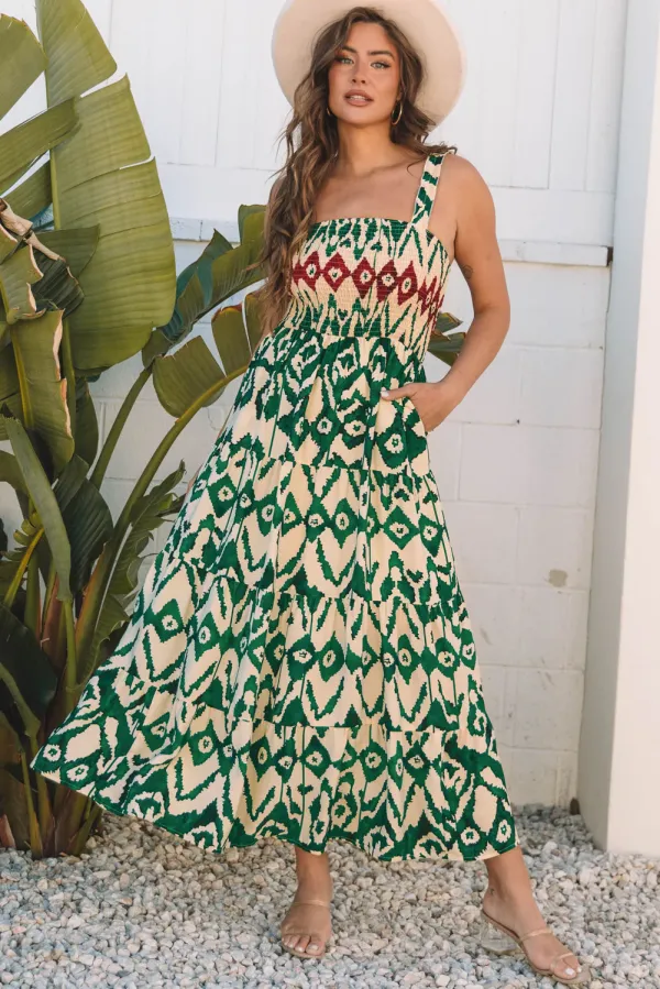 Green Western Aztec Shirred A-line Sleeveless Maxi Dress - Green / XL / 100%Polyester