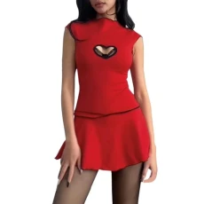 Green Women's Wrap Dress with Colour Contrast Round Neck Sleeveless Hollow Out Ruched Hip Sweat Dress Women, red, M Green Women's Wrap Dress with Colour Contrast Round Neck Sleeveless Hollow Out Ruched Hip Sweat Dress Women, red, M