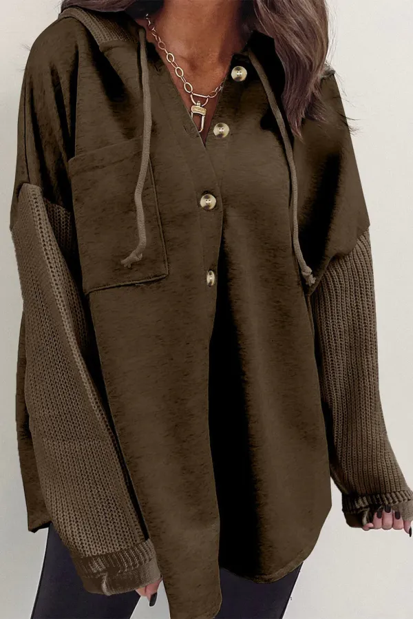 Grey Button Up Contrast Knitted Sleeves Hooded Jacket - DARK BROWN / / %POLYESTER+%COTTON