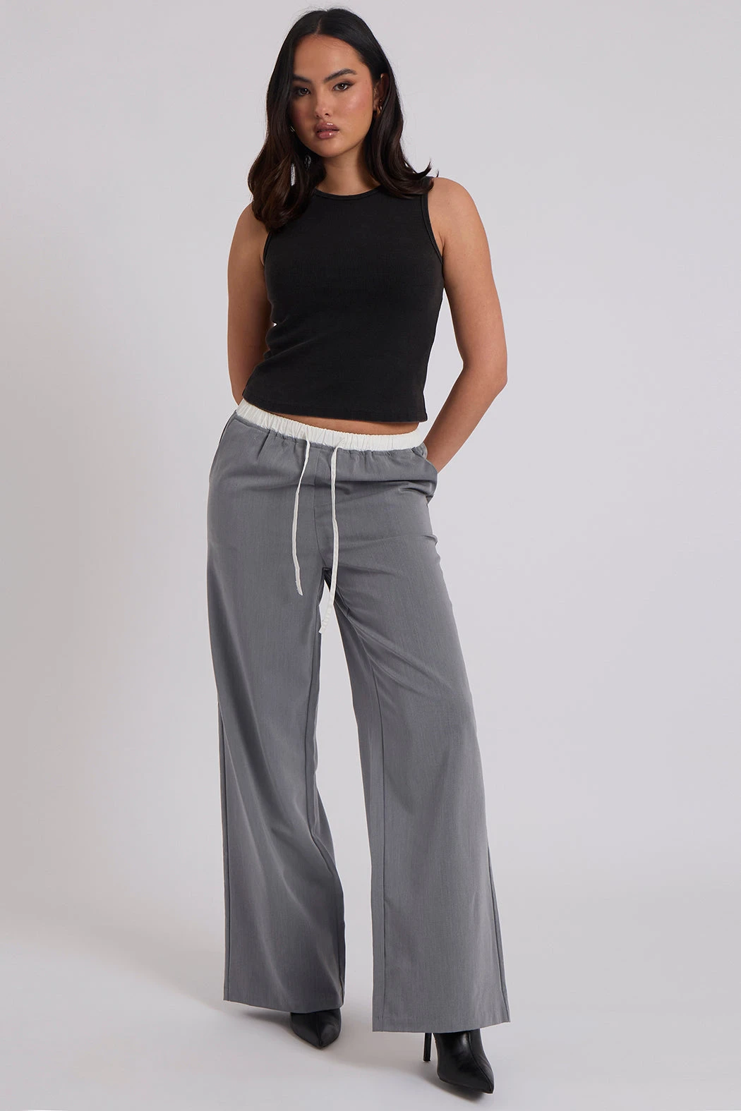 Grey Double Waistband Elasticated Trouser /