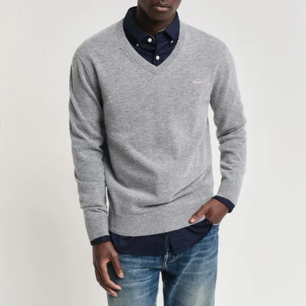 Grey Extra Fine Lambswool V-Neck Jumper - Grey