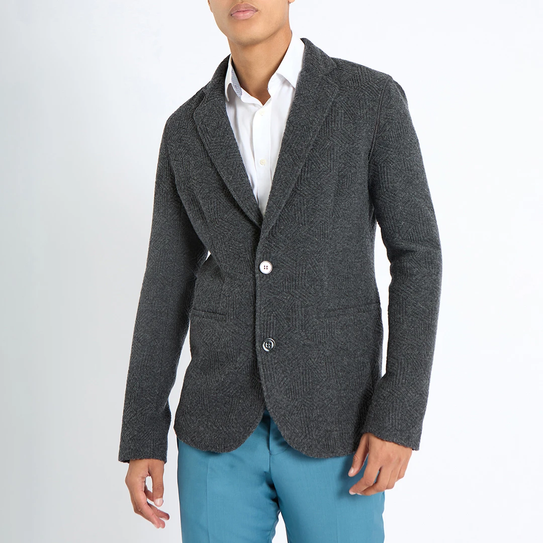 Grey Herringbone Wool Blend Blazer